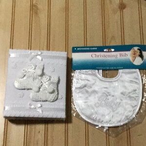 Vintage Baby Booties Fabric Embroidered Lace Photo Album & Christening Bib NWT